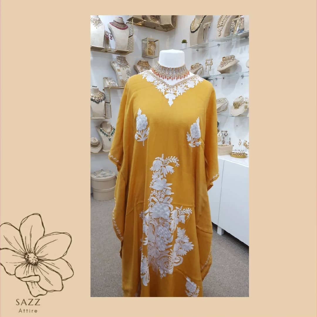 Ochre Mustard Woolen Kaftan with White Intricate Aari Work