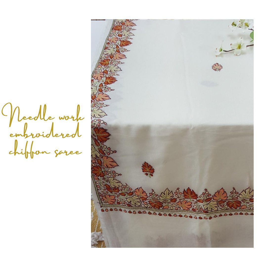 Ivory Chiffon Saree with Autumn Leaf Needlework Embroidery