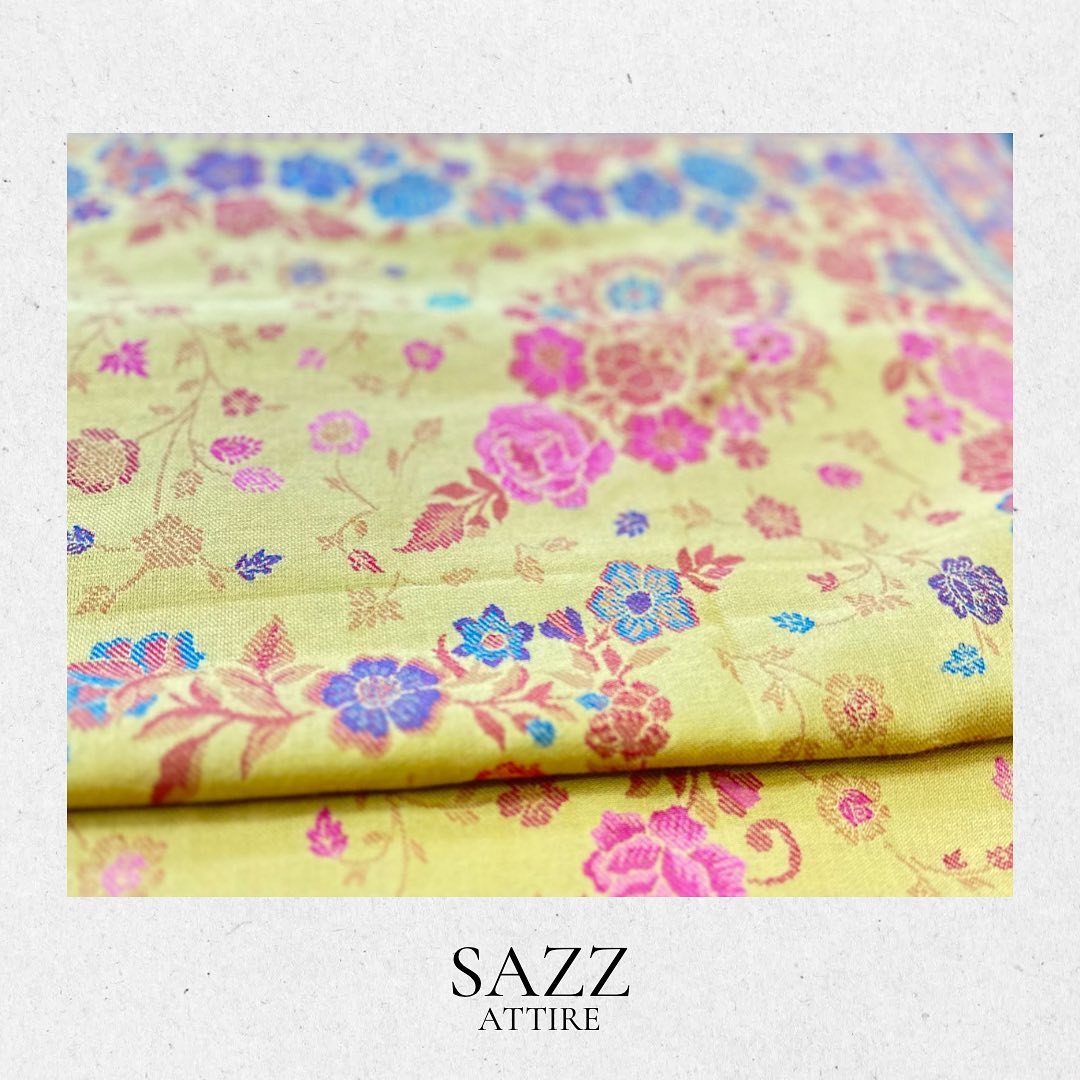 Gold Floral Brocade Shawl with Pink and Purple Accents