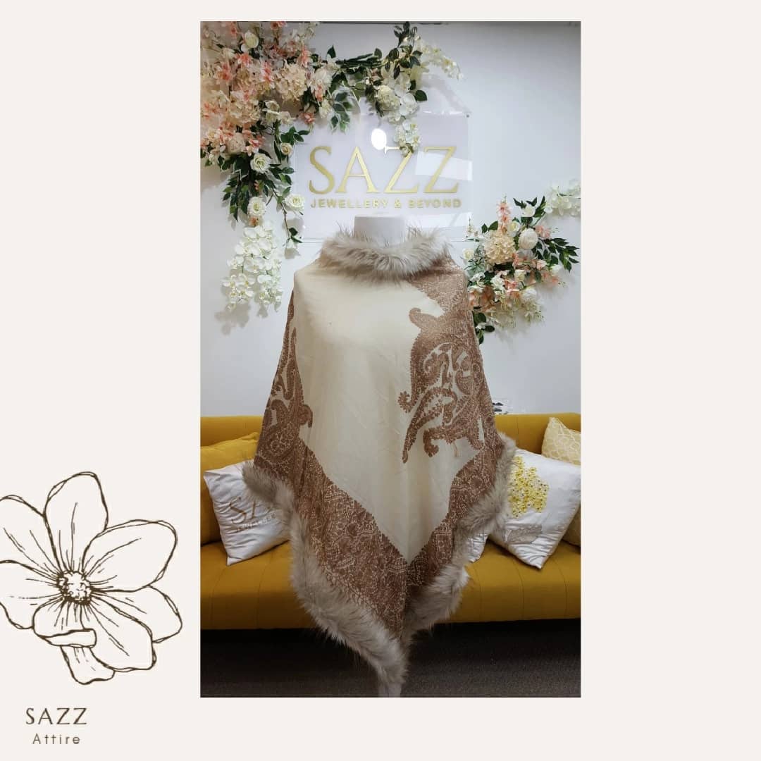Cream & Camel Paisley Pashmina Style Poncho with Fur Collar
