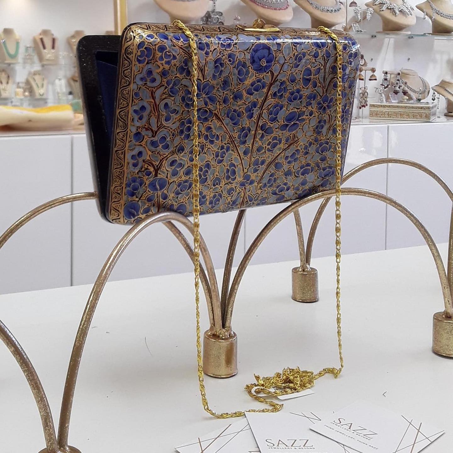 Royal Azure Hand-Painted Papier-Mâché Clutch with Gold Floral Filigree