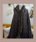 Luxury Charcoal Grey Paisley Shawl with Faux Fur Trim