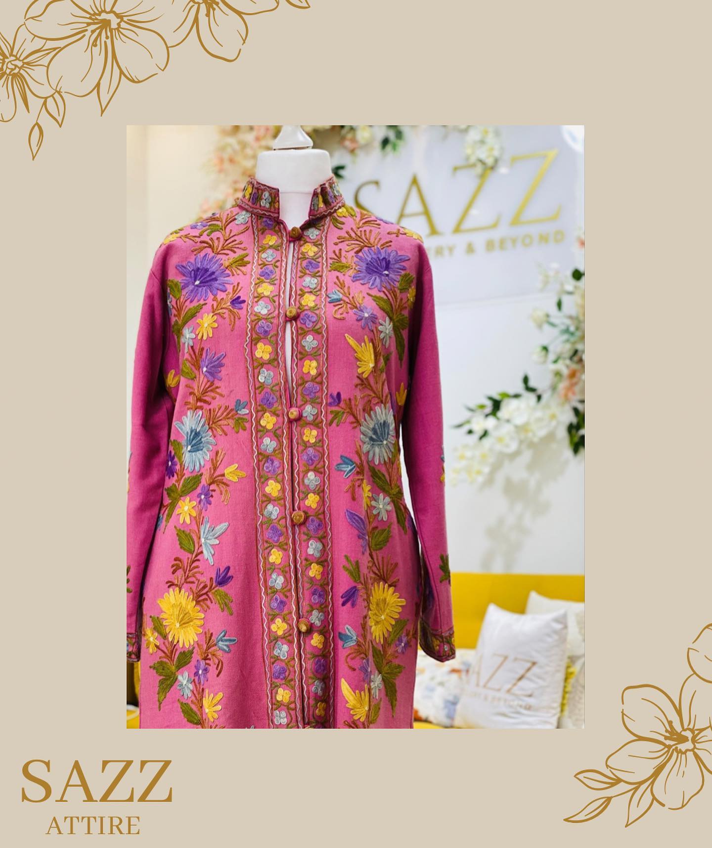 Vibrant Magenta Kashmiri Floral Hand-Embroidered Pheran