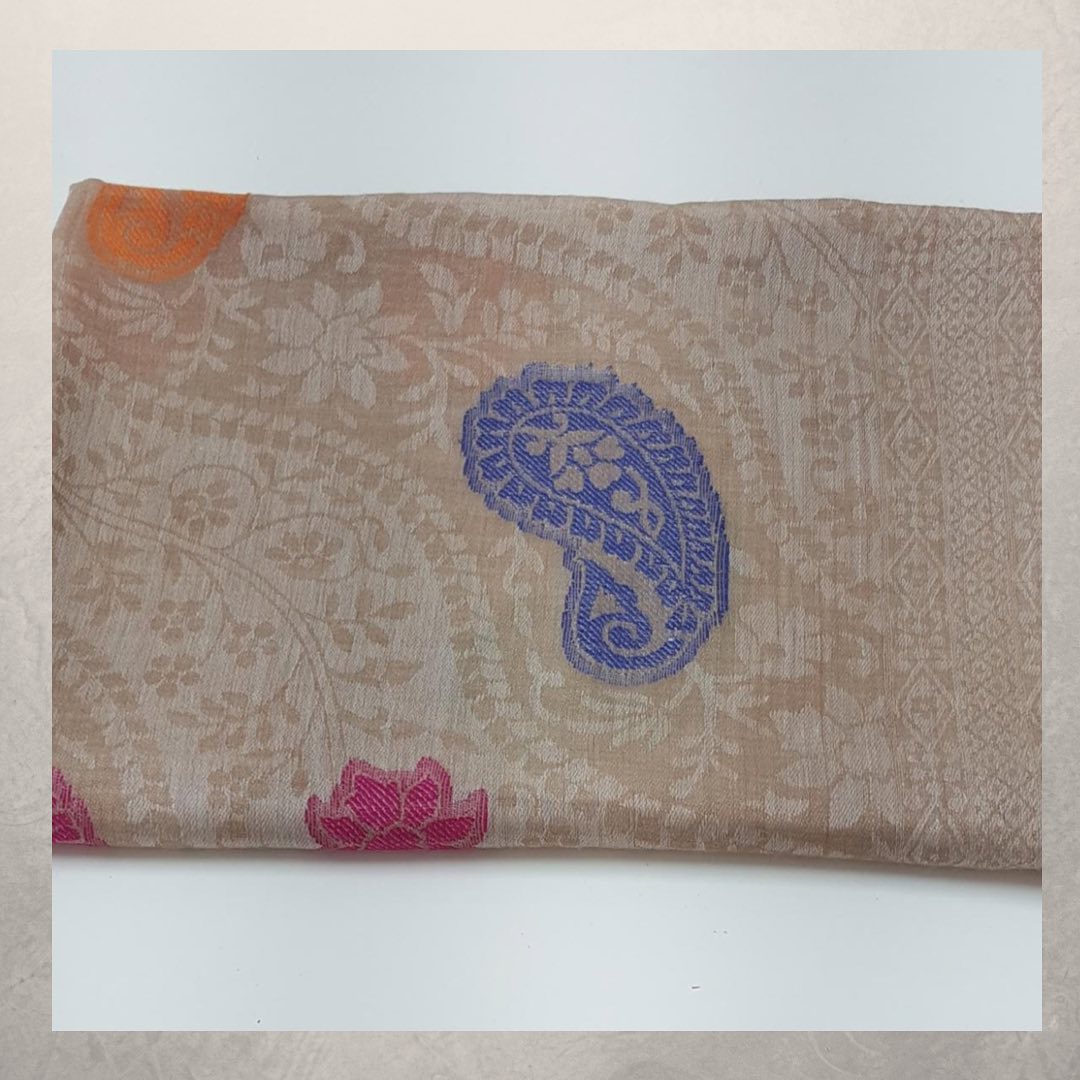 Beige Wool Shawl with Blue Paisley and Floral Weaving
