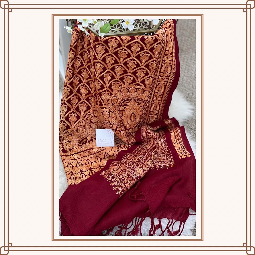 Maroon Velvet-Touch Shawl with Full Jaal Antique Gold Embroidery