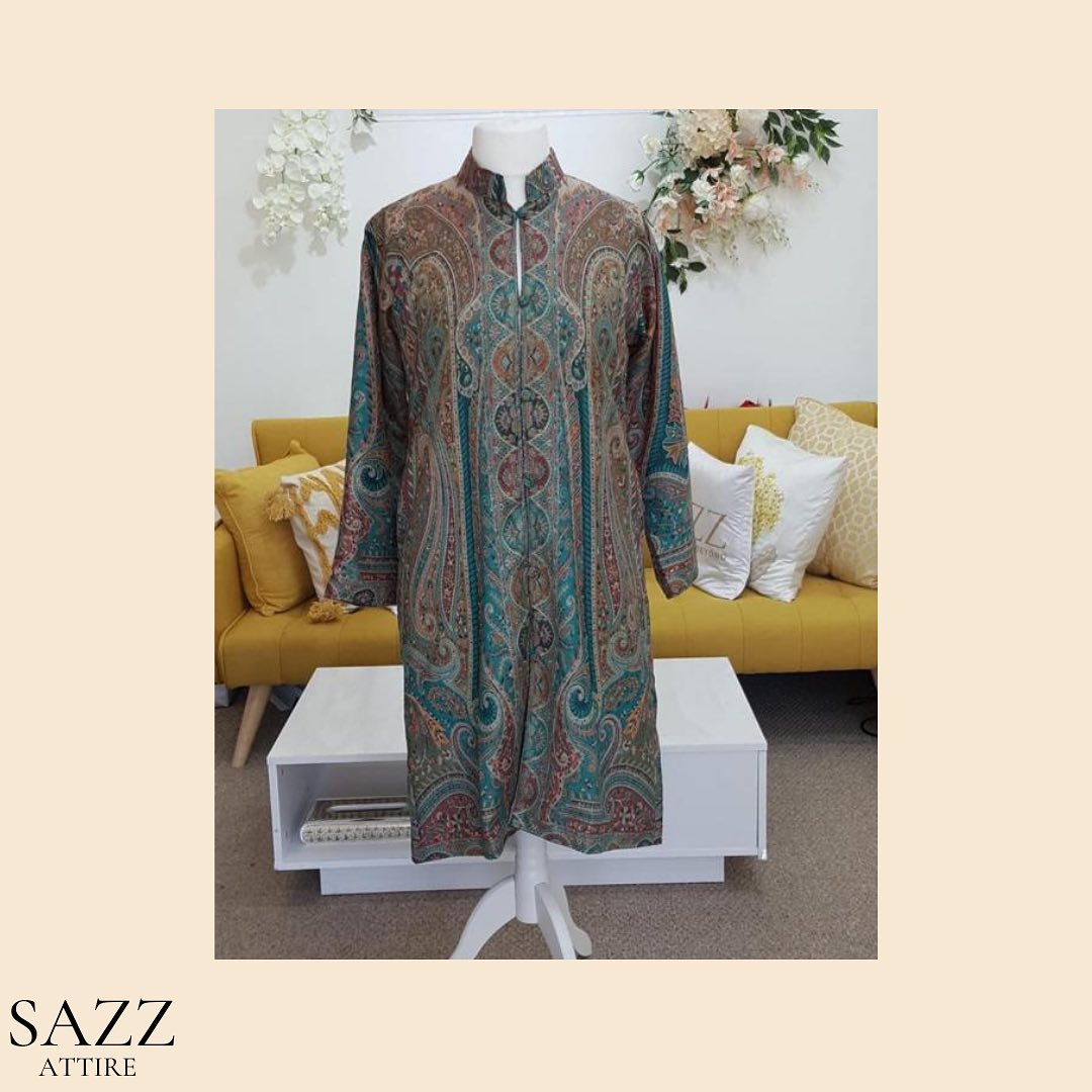 Teal & Earthy Tones Traditional Paisley Print Long Jacket