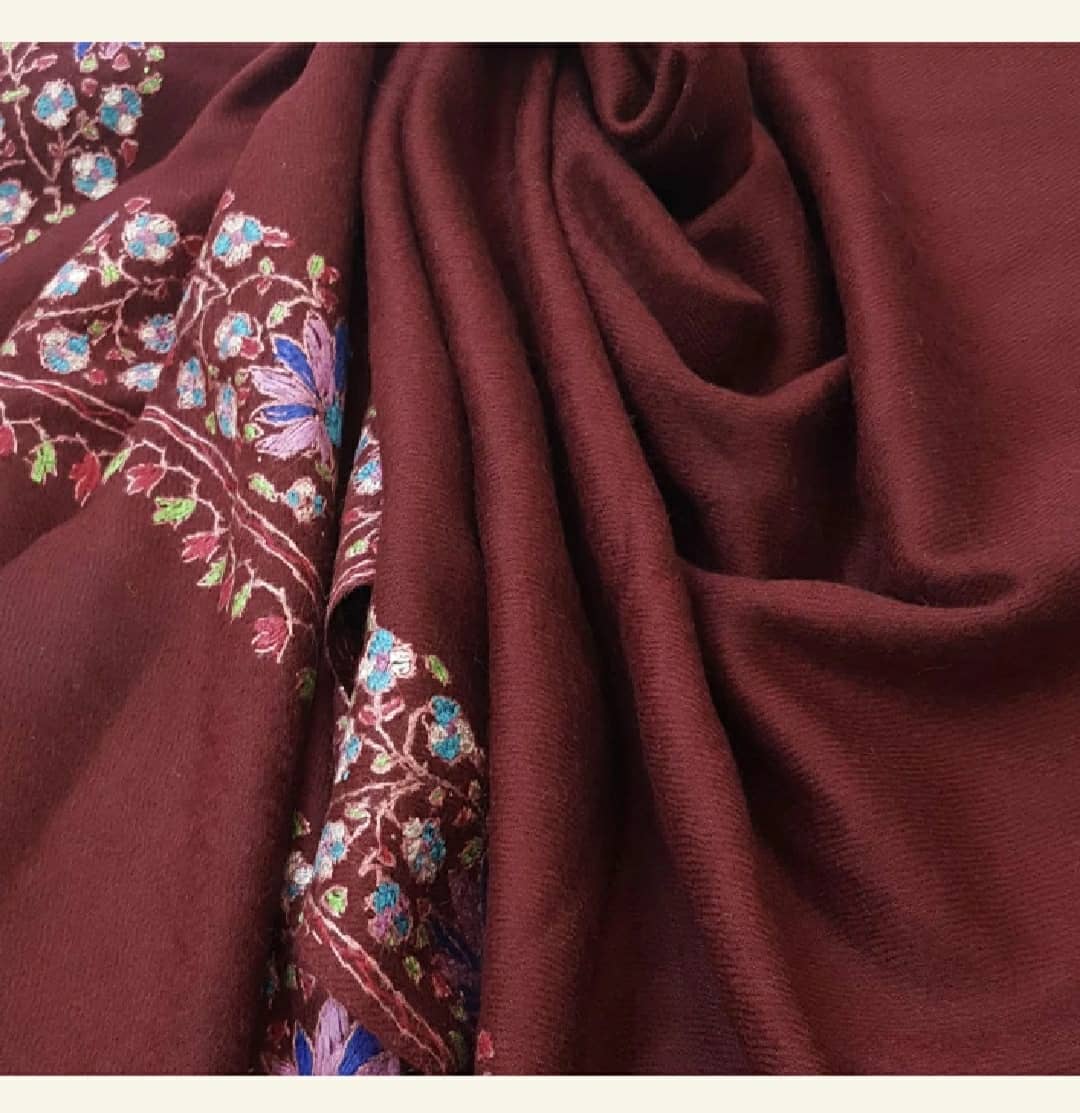 Burgundy Wine Woolen Shawl with Vibrant Floral Border