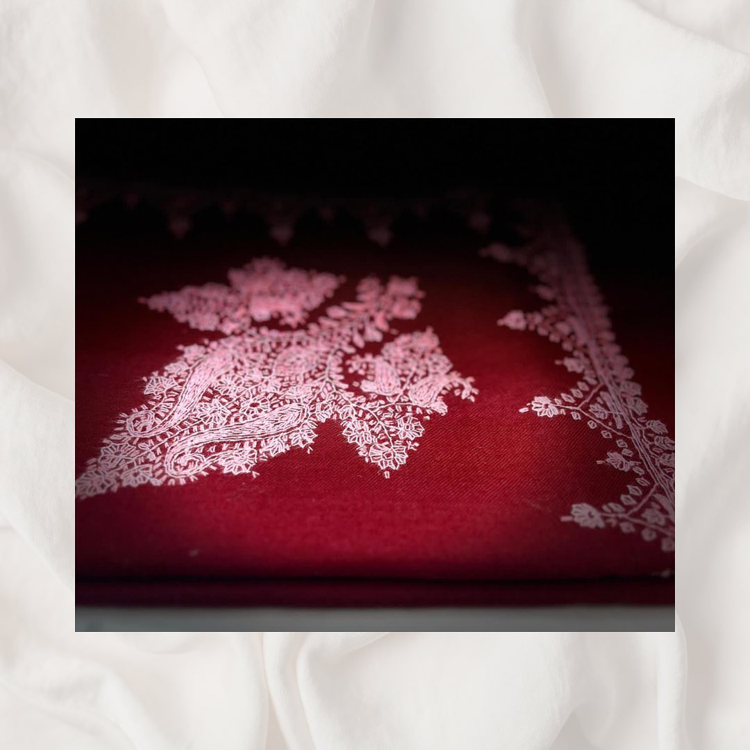 Deep Maroon Kashmiri Embroidered Shawl with White Tilla Work