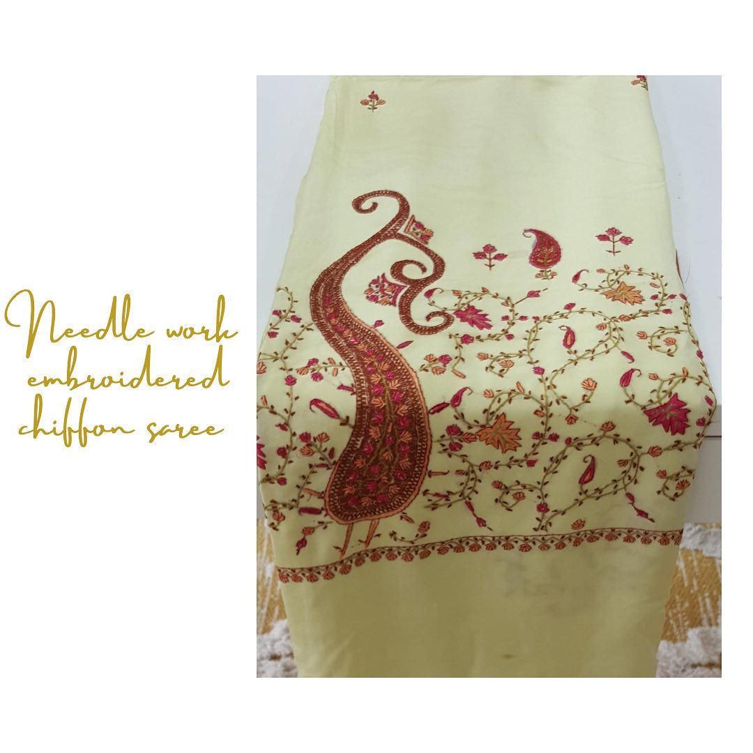 Cream Chiffon Saree with Intricate Needlework Paisley & Floral Border