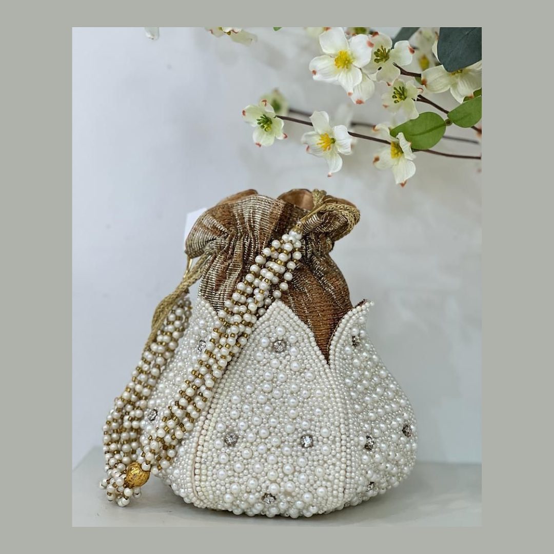 Pearl-Encrusted Tulip Potli Bag with Gold Tissue Neck & Beaded Strap