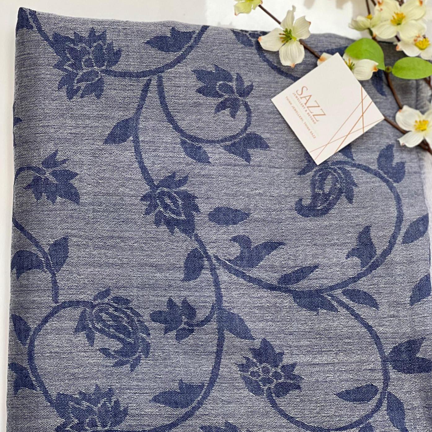 Slate Blue Floral Vine Jacquard Shawl by SAZZ