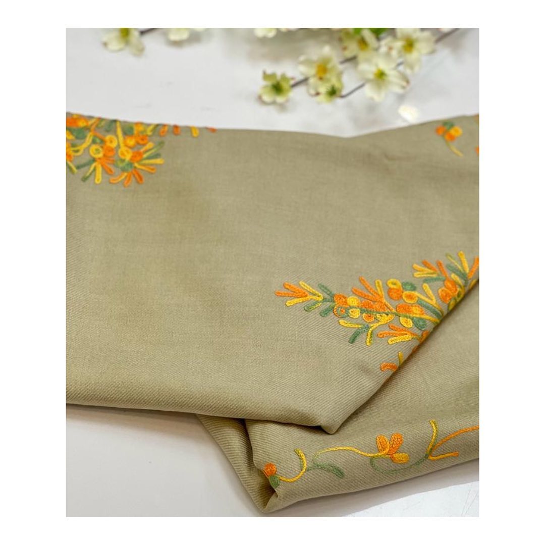 Olive Sage Soft Wool Shawl with Hand-Embroidered Floral Corners