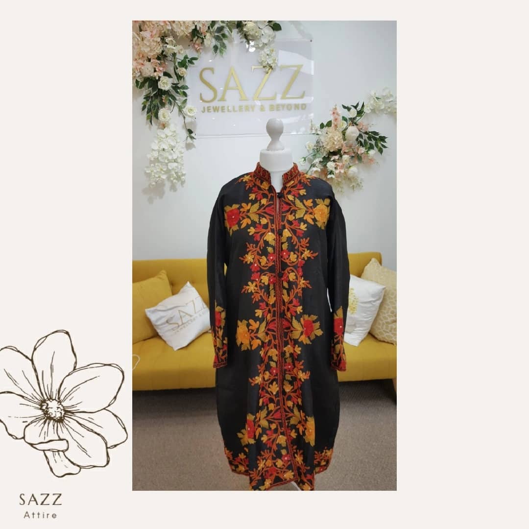 Midnight Black Autumn Floral Hand-Embroidered Long Coat