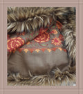 Earthy Taupe Floral Embroidered Shawl with Plush Fur Border
