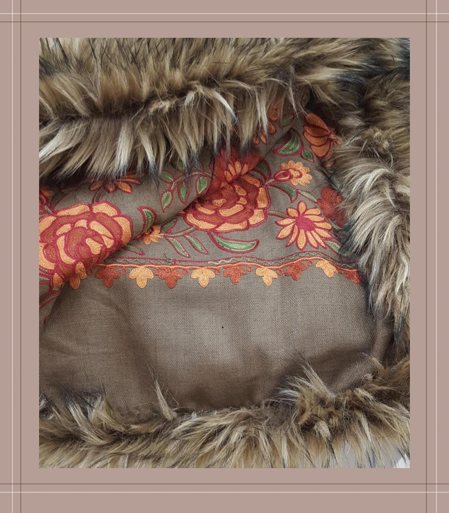 Earthy Taupe Floral Embroidered Shawl with Plush Fur Border