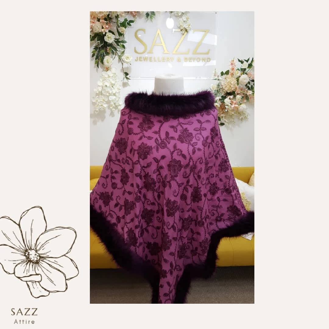 Plum Purple Floral Velvet-Embossed Poncho with Dark Fur Trim