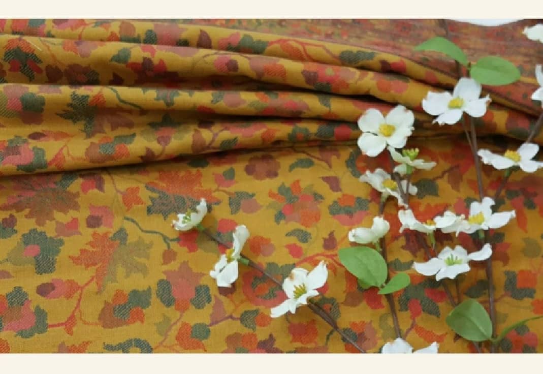 Mustard Yellow Autumn Leaves Patterned Pashmina-Style Shawl