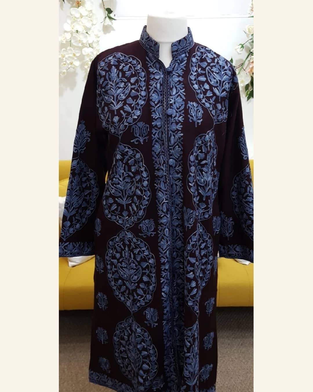 Navy Blue Monochrome Floral Jaal Hand-Embroidered Coat