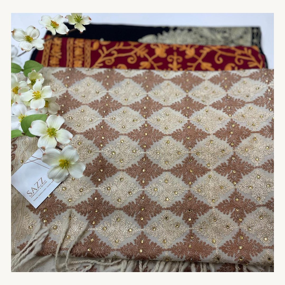Geometric Diamond Embroidered Shawl with Sequin Detailing