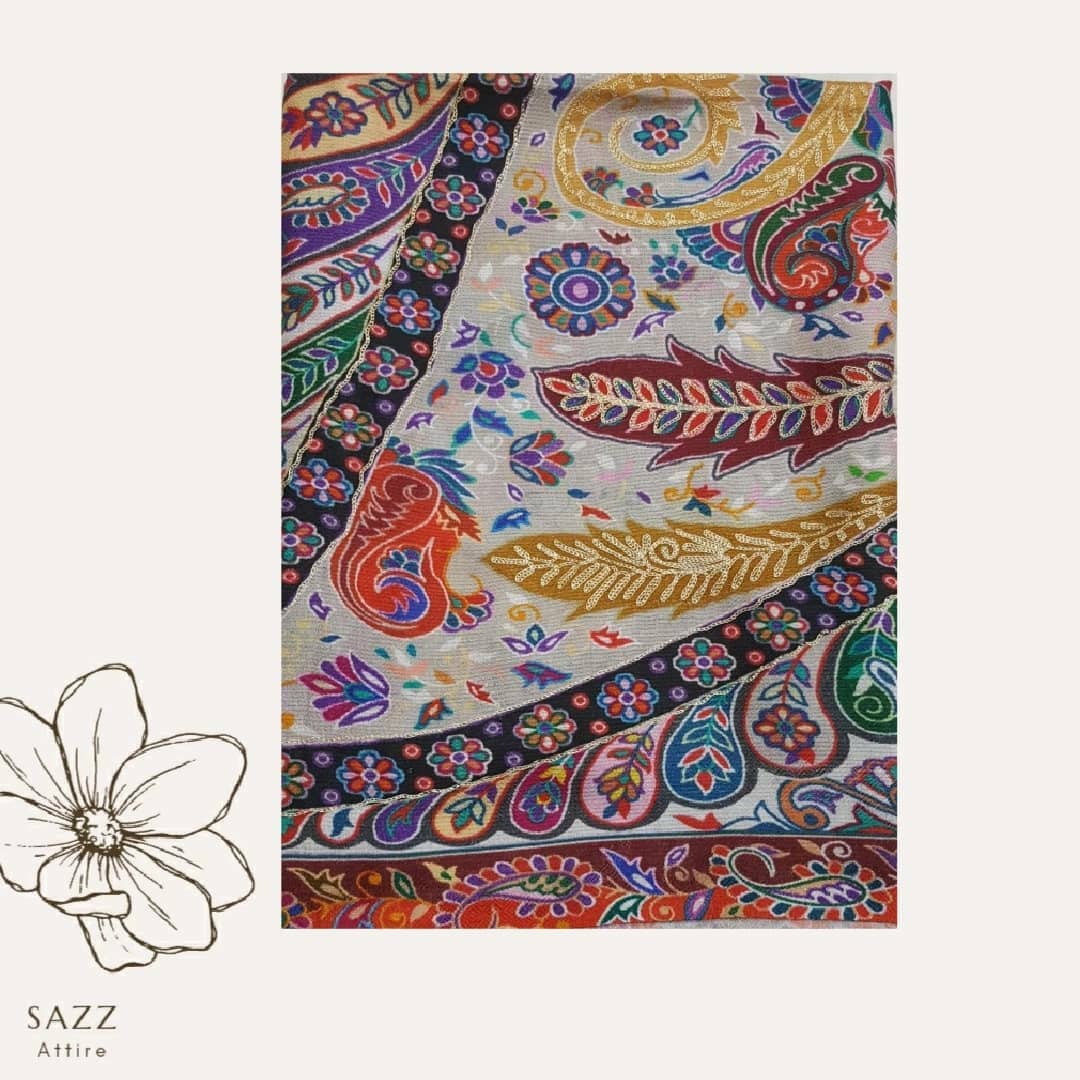 Premium Multi-Tone Paisley Pashmina Shawl with Gold Accents