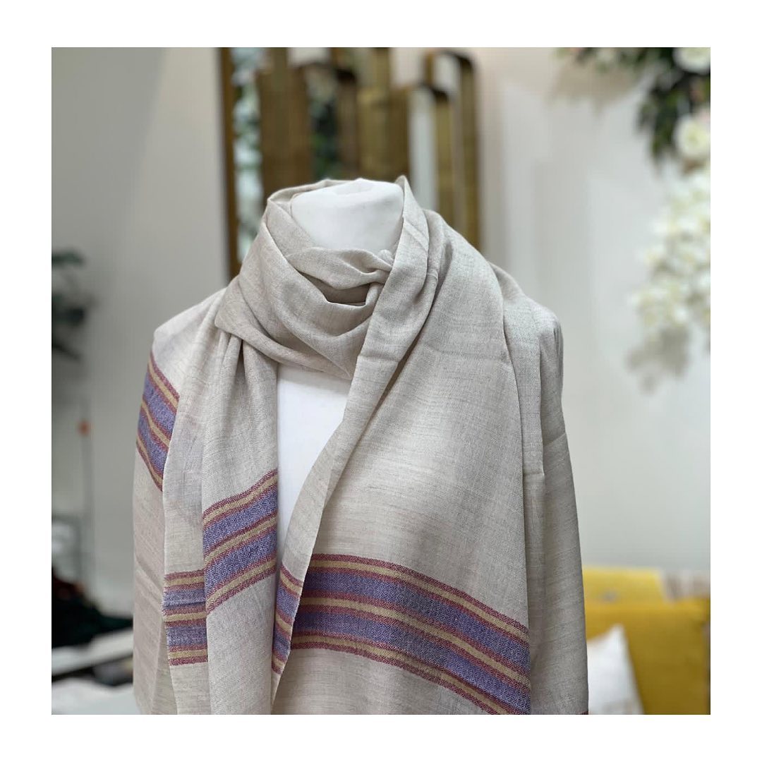Elegant Sand Beige Pashmina with Lavender Striped Border