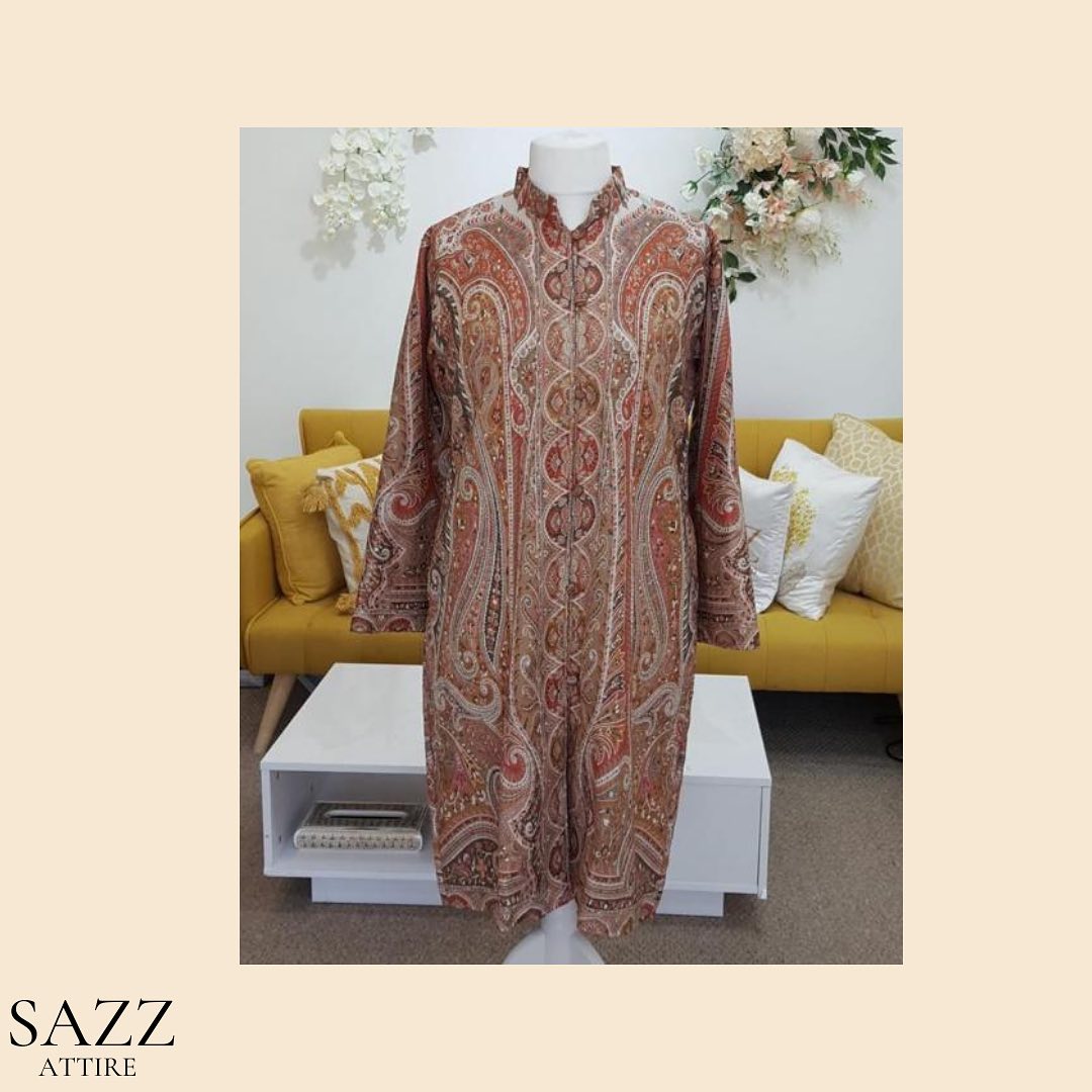 Rust Orange Heritage Paisley Pattern Open-Front Pheran
