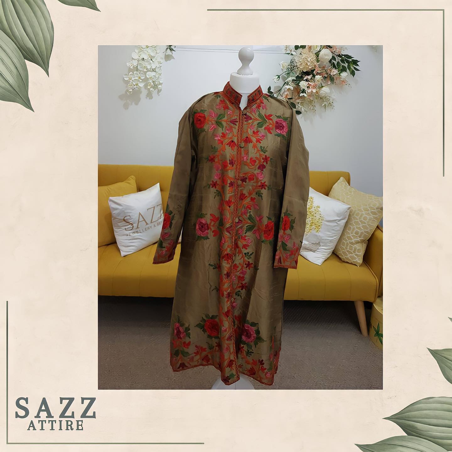 Olive Gold Silk Blend Floral Embroidered Traditional Pheran