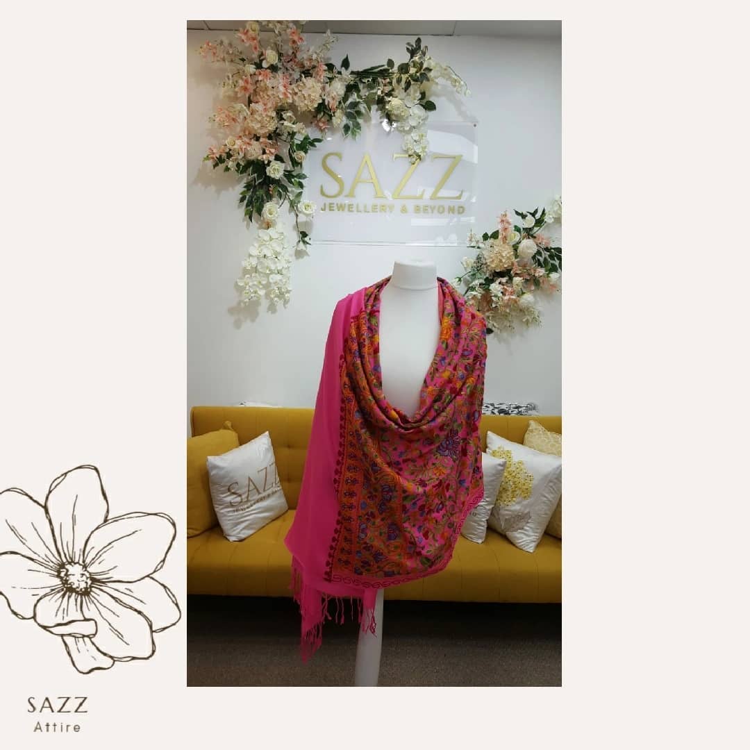 Hot Pink Pashmina Shawl with Rich Multicolored Floral Embroidery