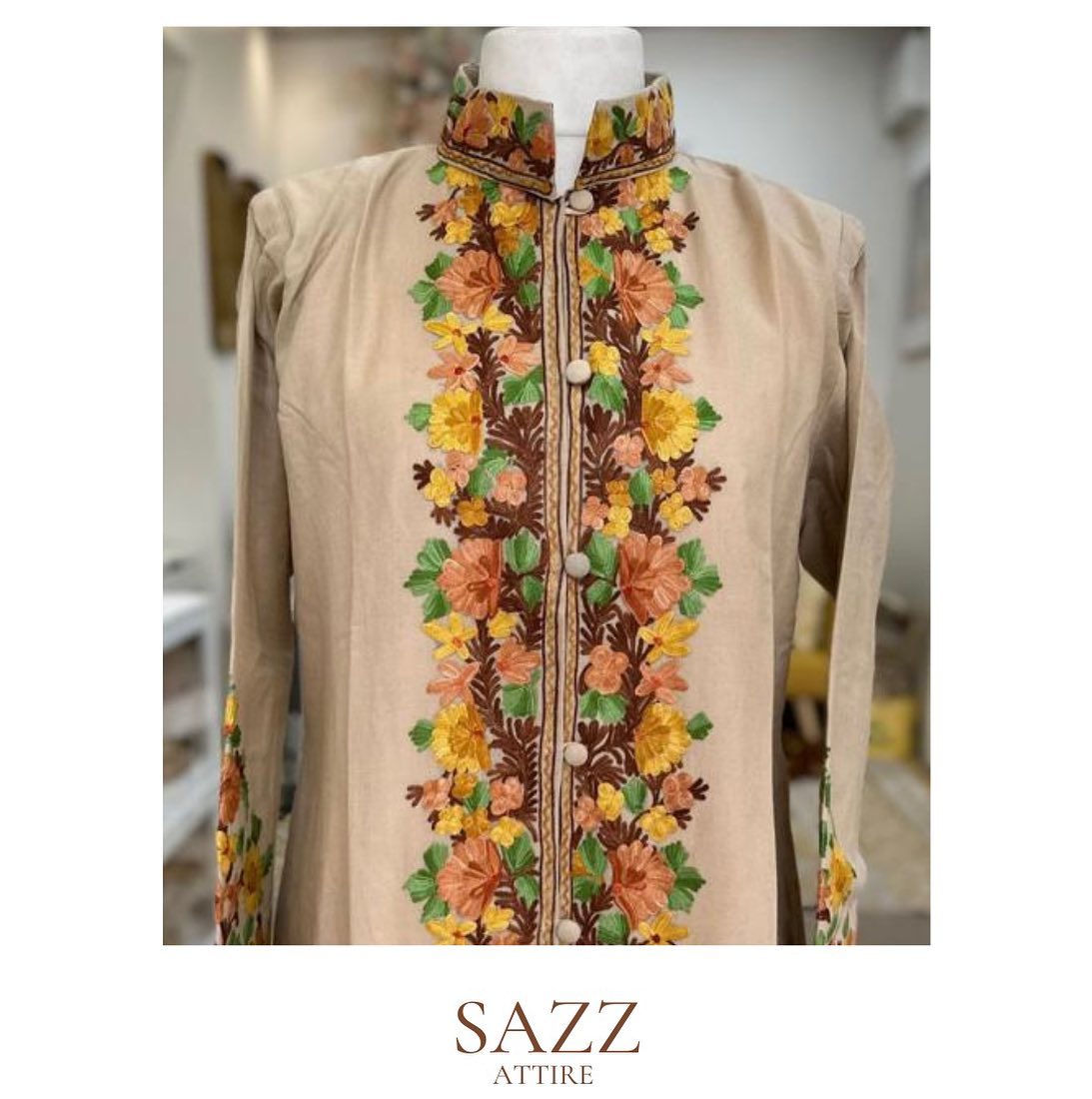 Sand Beige Delicate Floral Border Embroidered Kurta