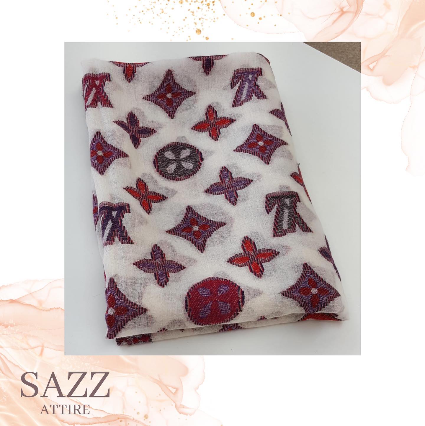 Designer Inspired Monogram Motif White & Purple Wool Scarf
