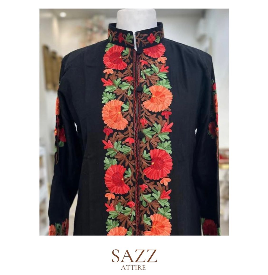 Midnight Black Aari Embroidered Kurta with Floral Border