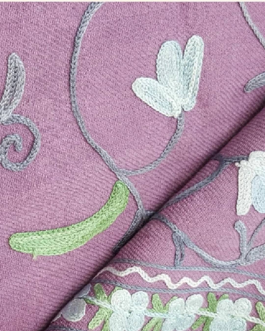 Lavender Mauve Wool Stole with Delicate Floral Aari Embroidery