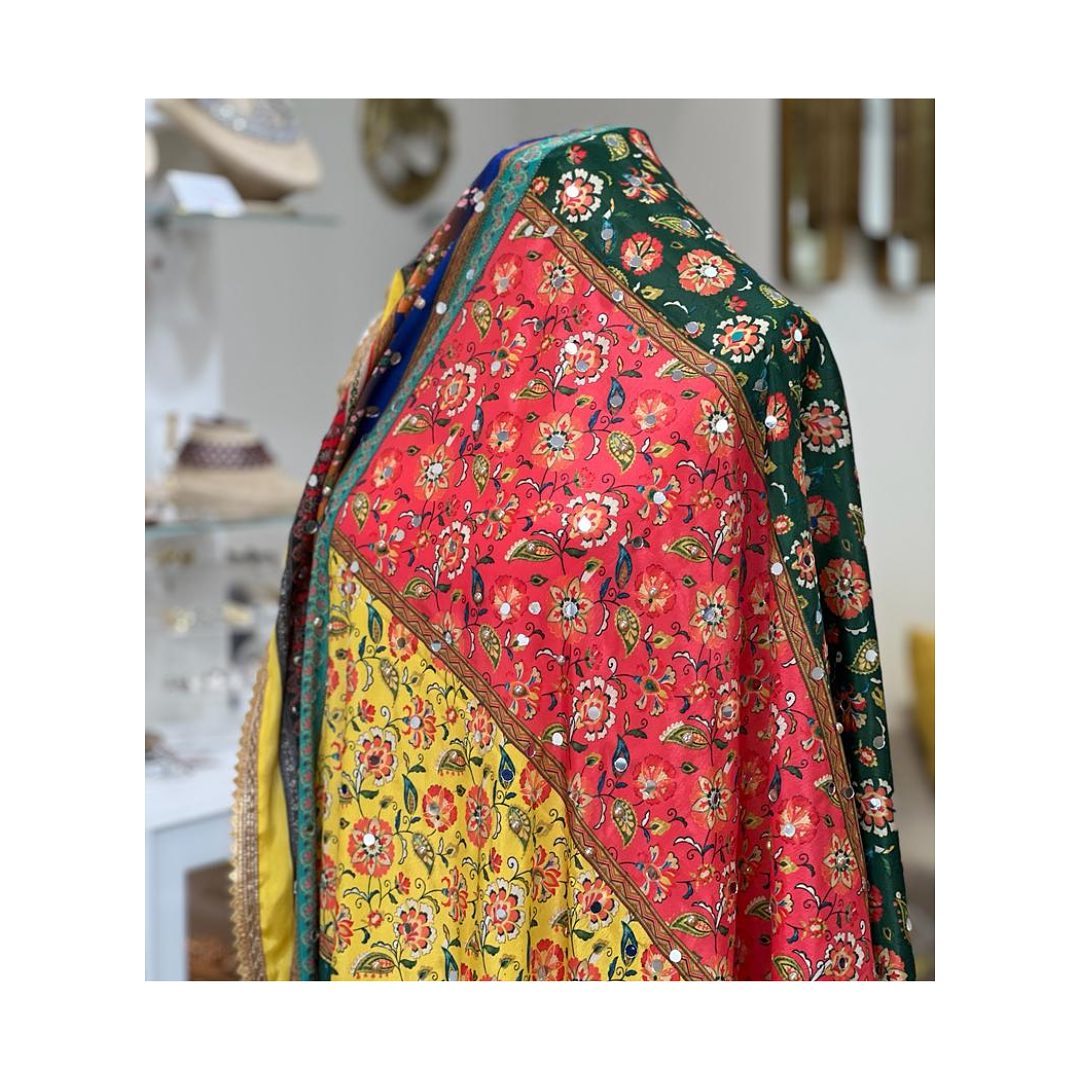 Multi-Color Floral Phulkari Embroidery Patchwork Shawl with Mirror Work