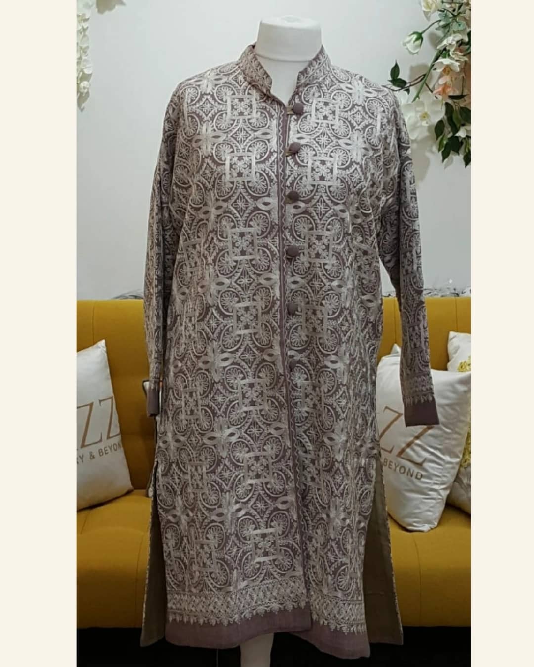 Taupe Heritage Geometric Aari Embroidered Long Coat