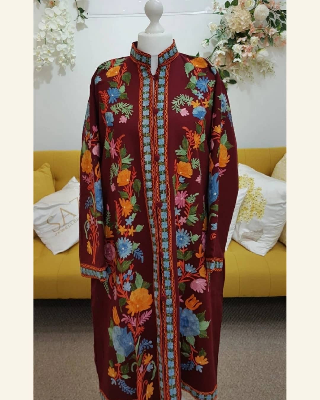 Deep Maroon Multi-Color Floral Aari Embroidered Long Jacket