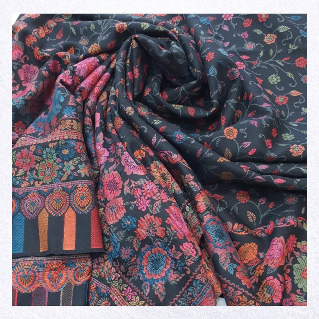 Midnight Black Multi-Color Floral Kani Weave Shawl