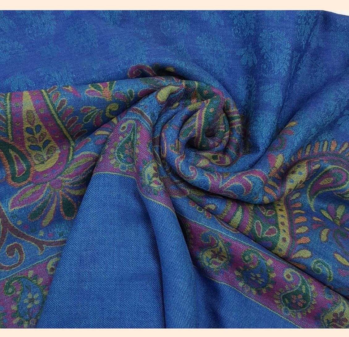 Royal Blue Jacquard Shawl with Vibrant Paisley Trim