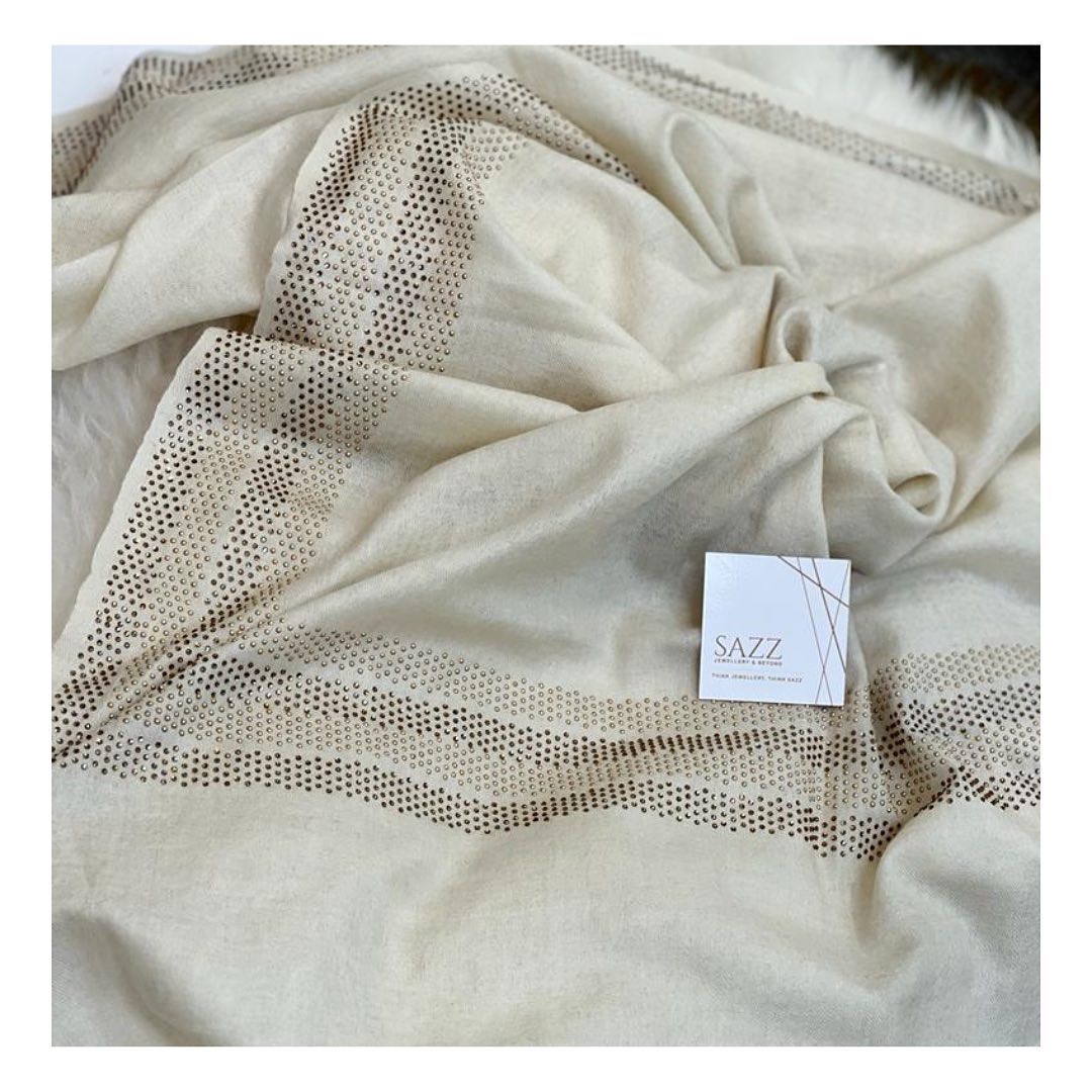 Ivory Pashmina Shawl with Gold Swarovski Stone Embellishments