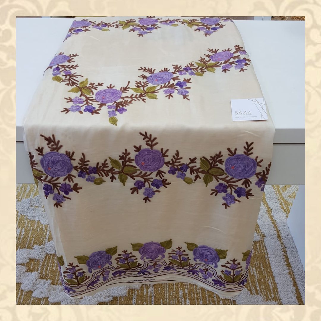 Off-White Chiffon Saree with Purple Rose Floral Embroidery