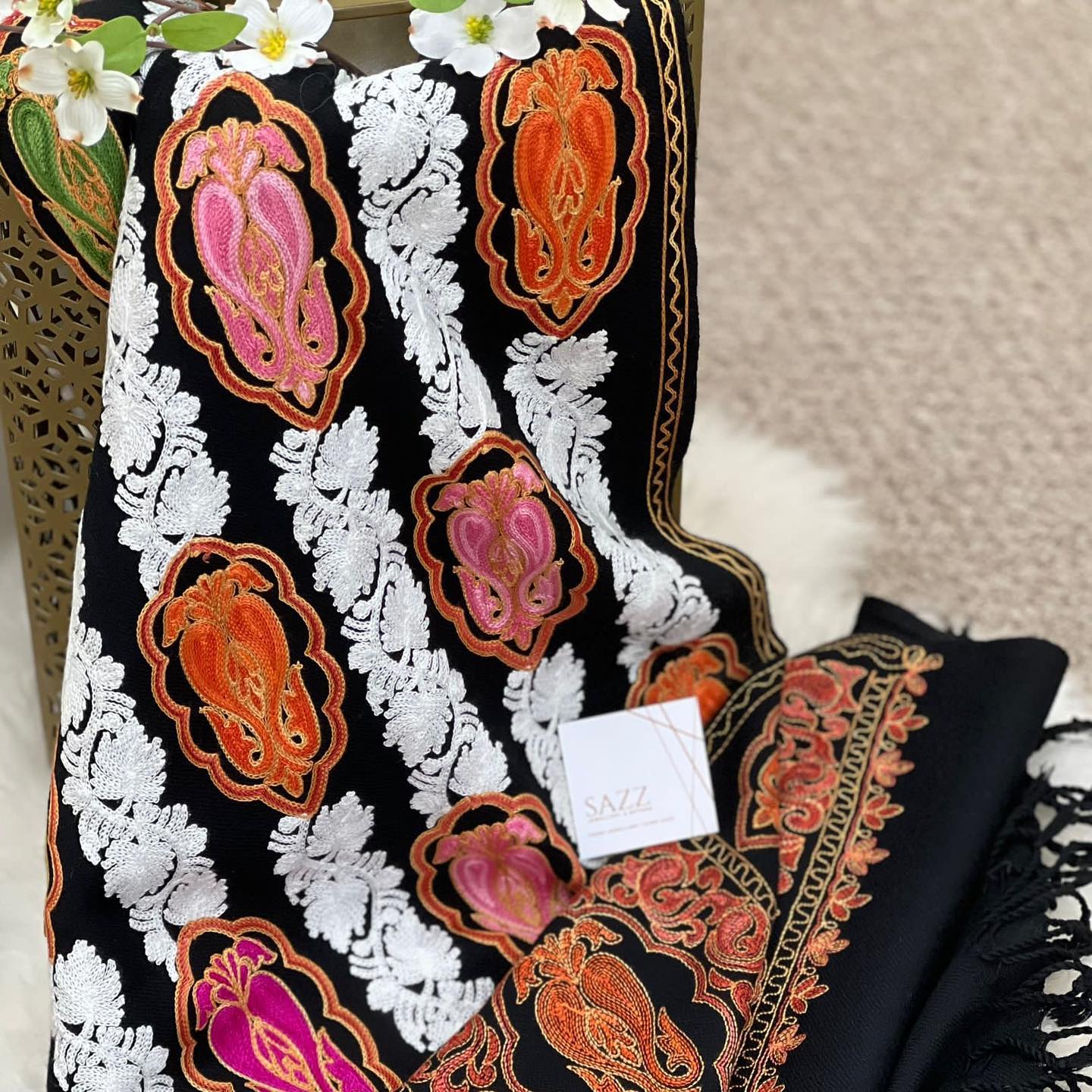 Black Kashmiri Wool Shawl with Vibrant Orange & Pink Sozni Embroidery