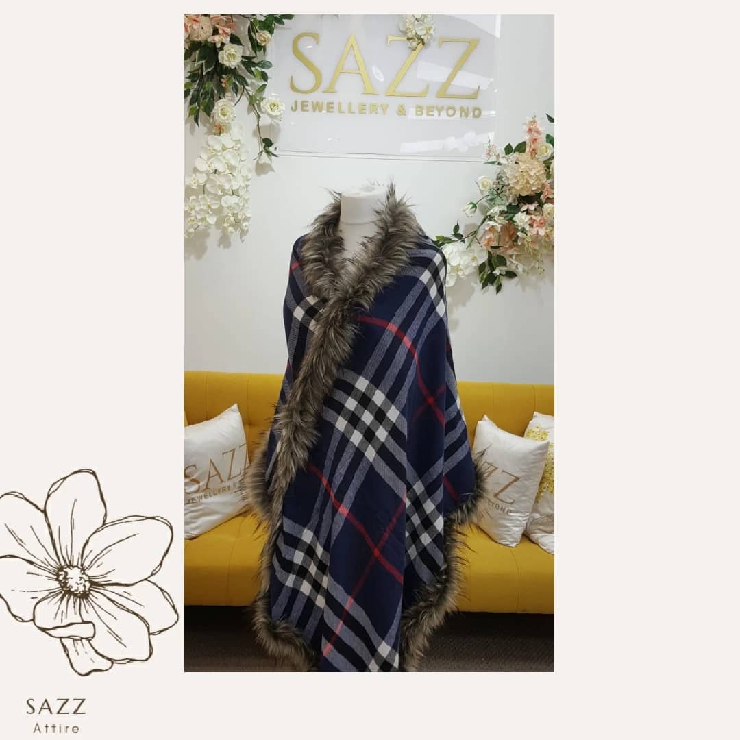 Navy Blue Plaid Checkered Wrap with Premium Faux Fur Border