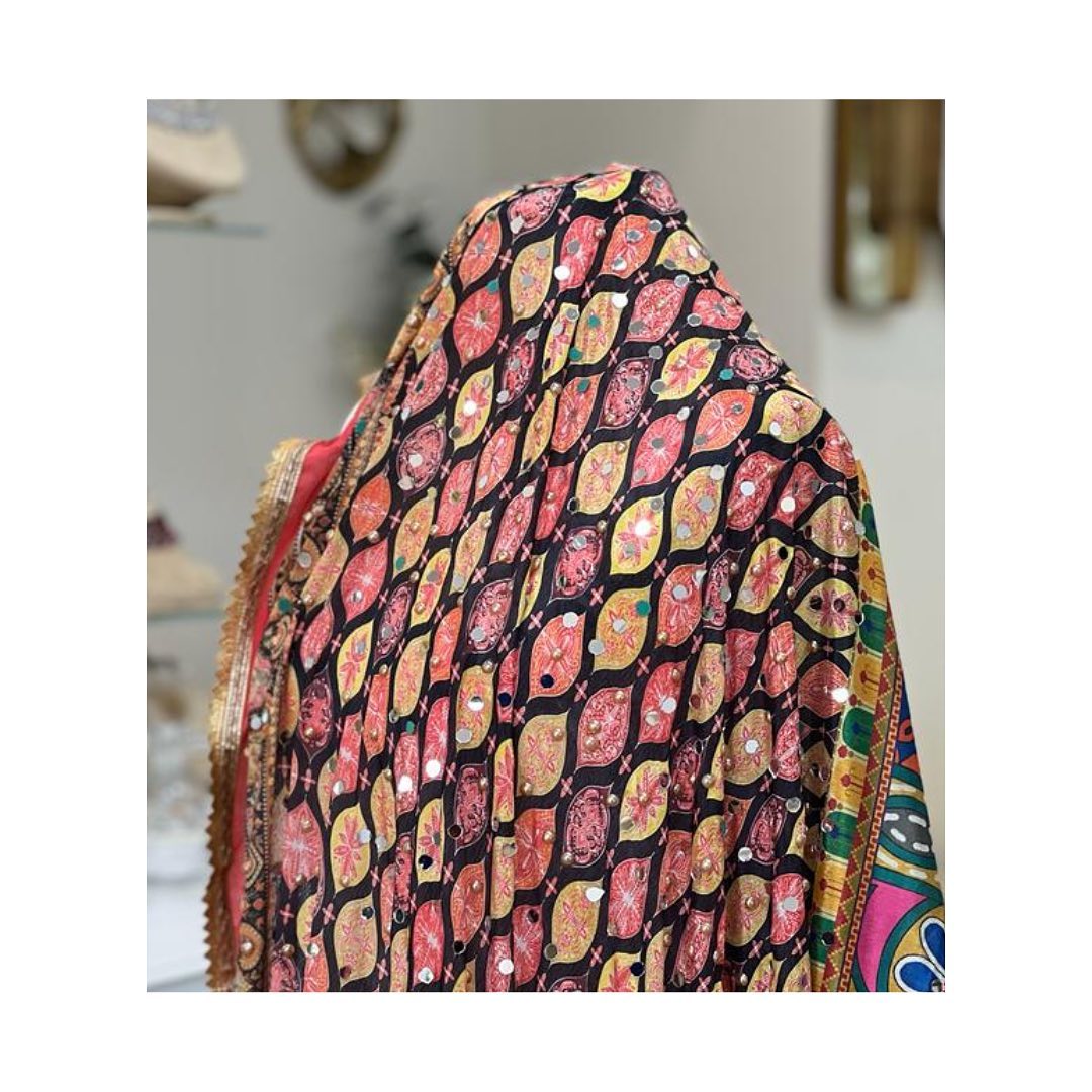 Black & Peach Geometric Phulkari Shawl with Detailed Mirror Accents
