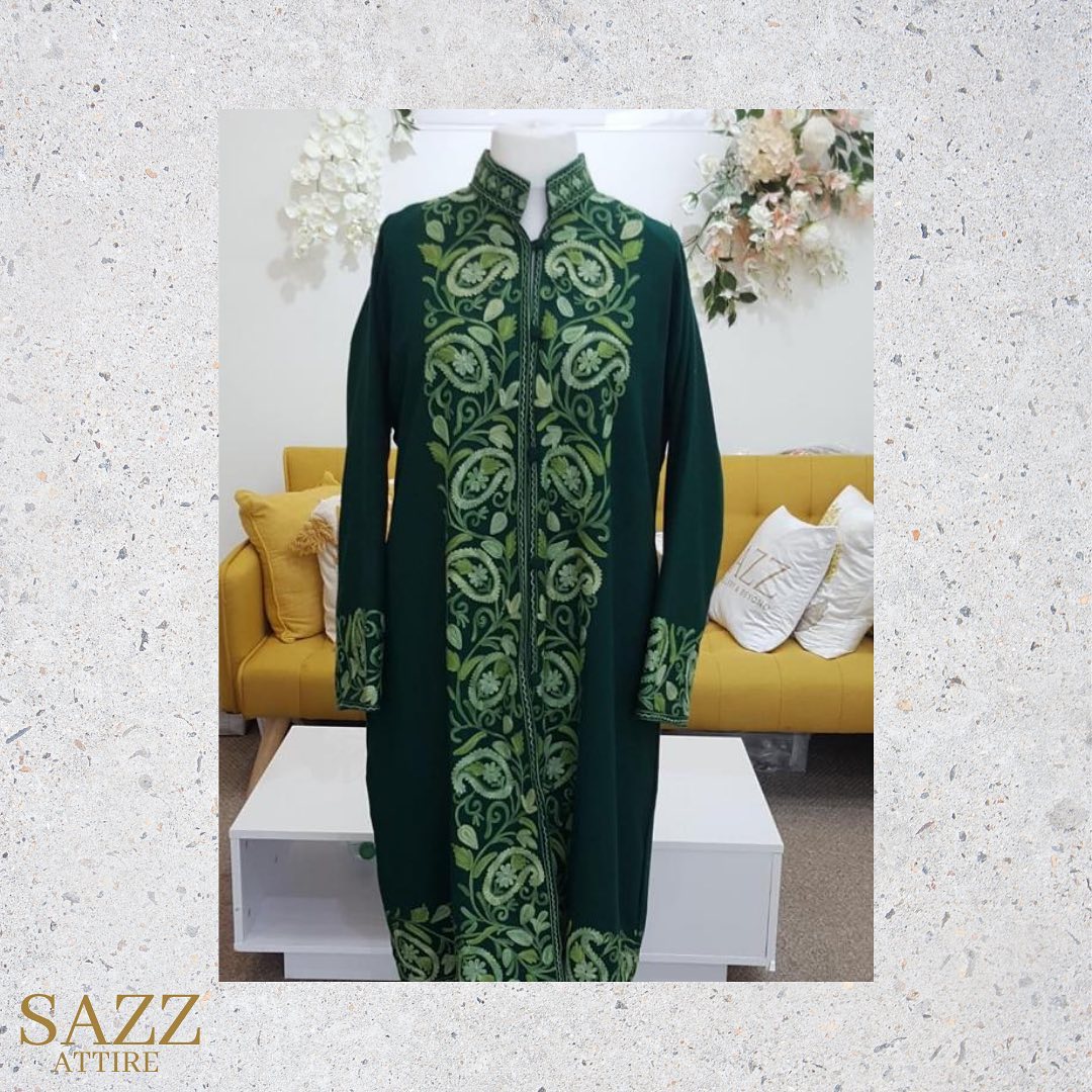 Emerald Green Paisley Aari Embroidered Long Coat