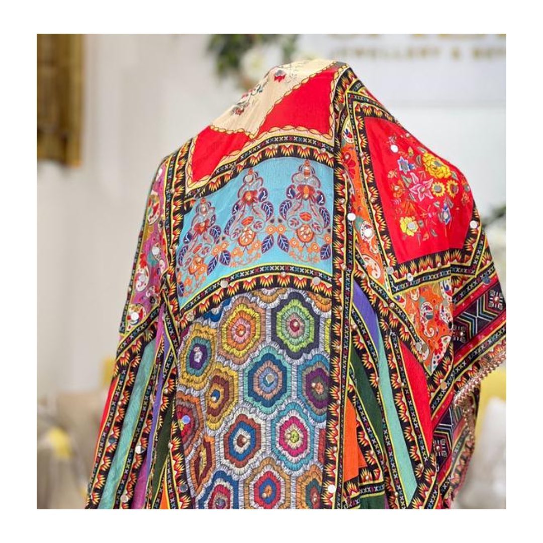 Bohemian Hexagonal Patchwork Phulkari Shawl with Multi-Color Embroidery