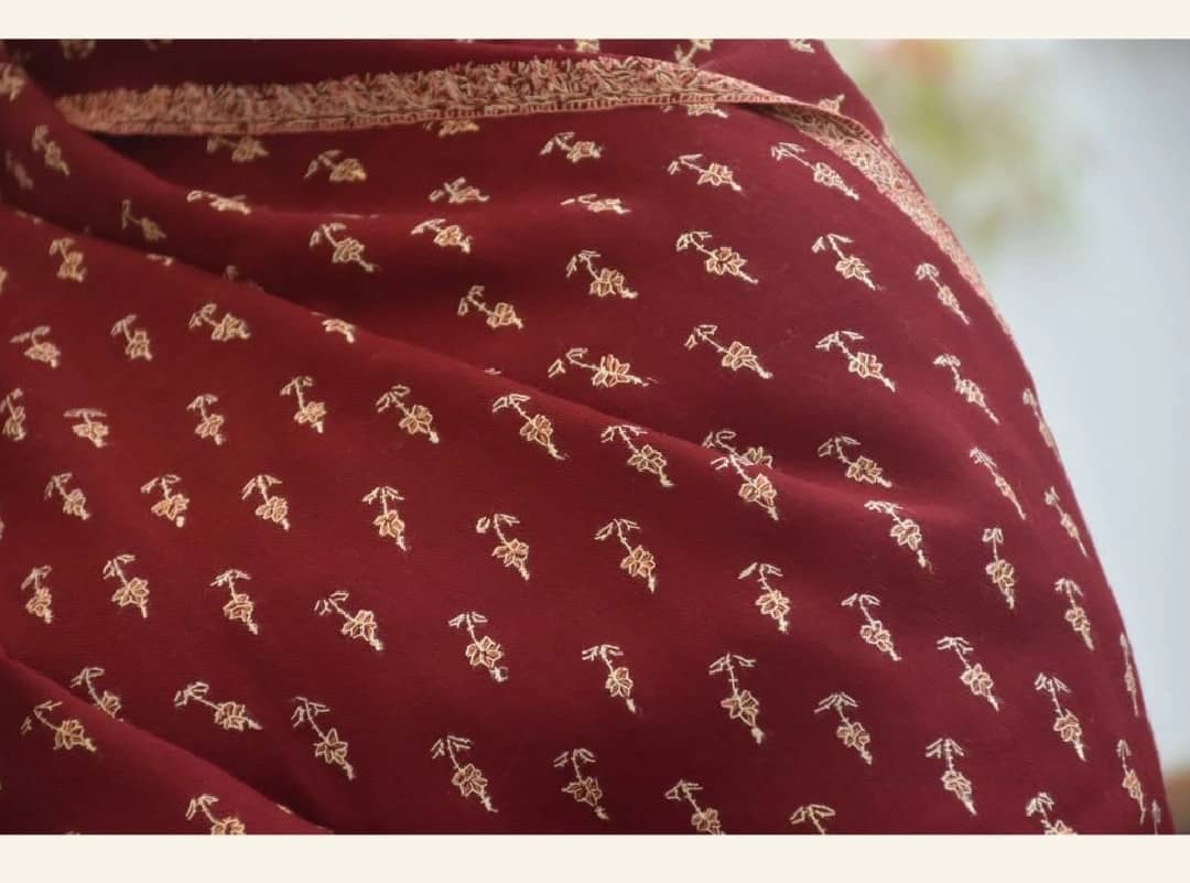 Deep Maroon Kashmiri Shawl with Delicate Gold Floral Buti