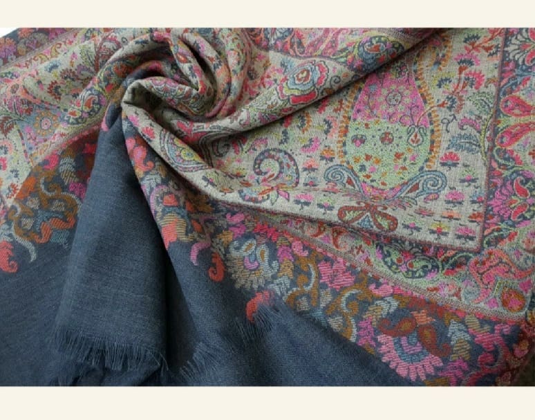 Slate Blue Reversible Jamawar Shawl with Pastel Floral Motifs