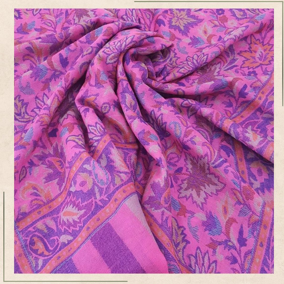 Magenta Pink Jamawar Shawl with Intricate Purple Floral Weaving