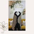 Elegant Cream & Black Intricate Floral Shawl with Fur Trim