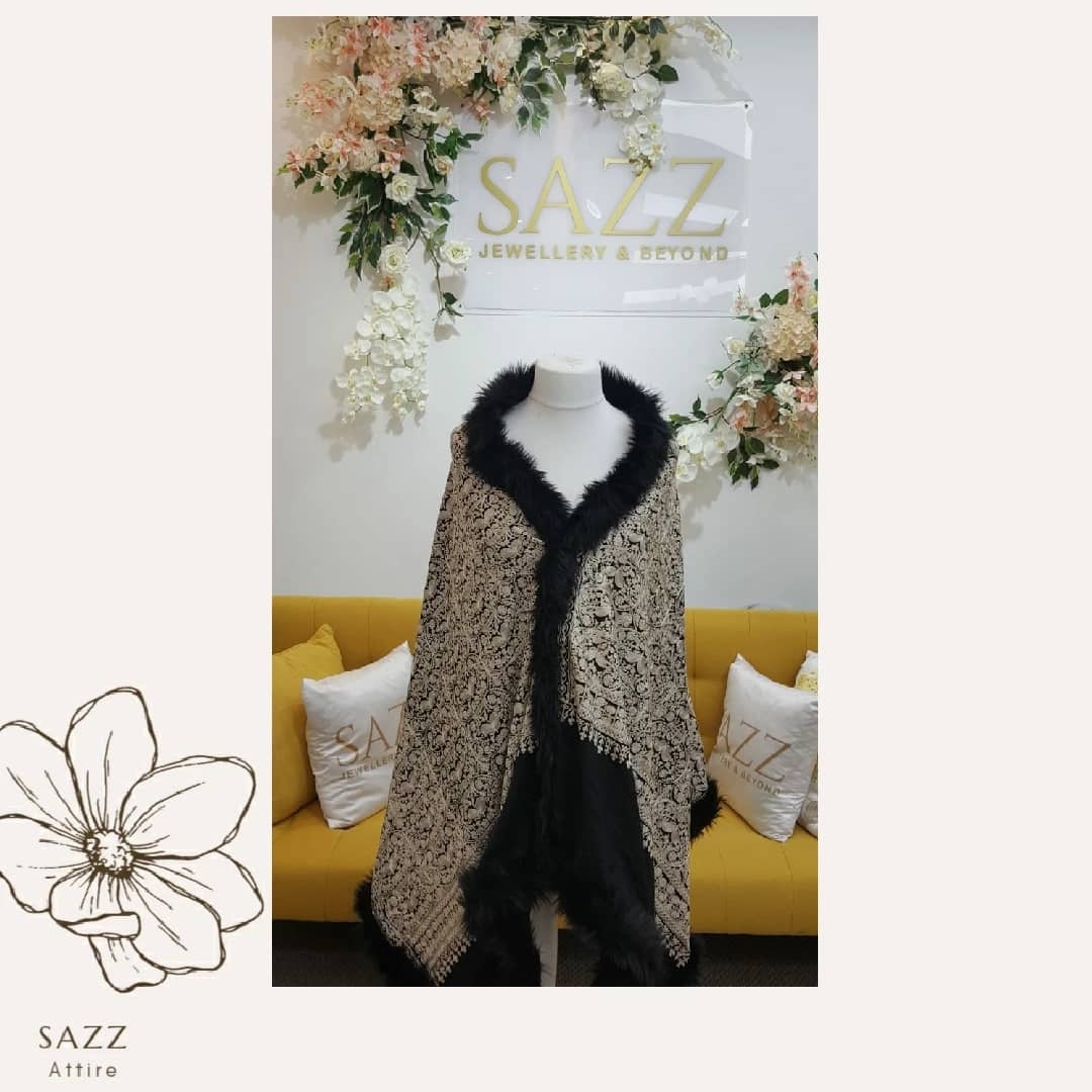 Elegant Cream & Black Intricate Floral Shawl with Fur Trim