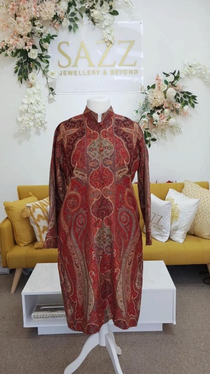 Rust Crimson Traditional Jamawar-Style Embroidered Coat
